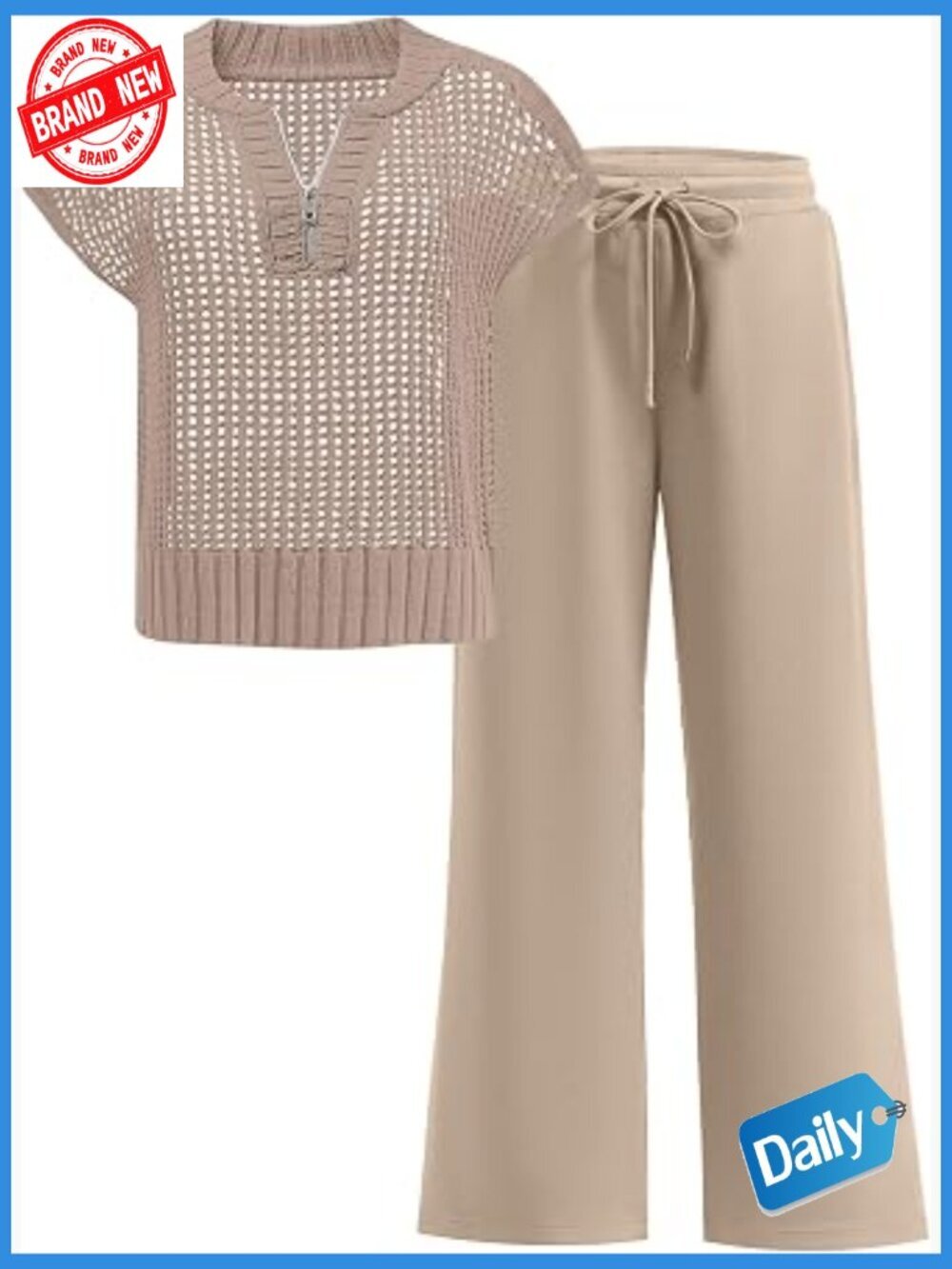 2 Piece Crochet Knit Half Zip Top & Wide Leg Pants Set